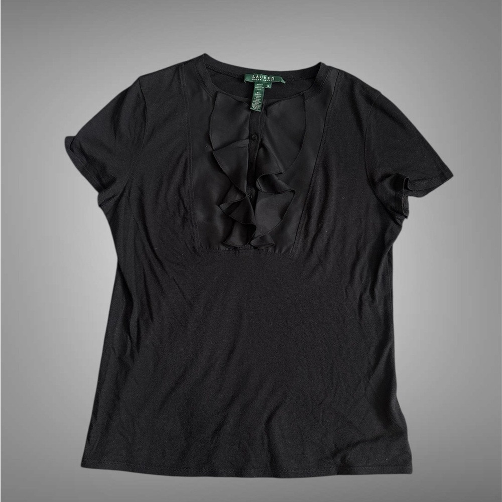 Lauren Ralph Lauren Black Ruffle-Front Short Sleeve Top